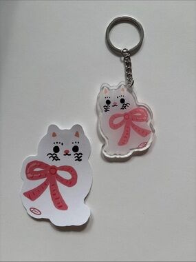 Cute White Cat Keychain with Pink Bow Keychain + Sticker Set